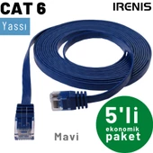 5 adet IRENIS CAT6 Kablo Yassı Ethernet Network Lan Ağ Kablosu  1 Metre Mavi - 1