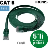 5 adet IRENIS CAT6 Kablo Yassı Ethernet Network Lan Ağ Kablosu  15 Metre Yeşil - 1