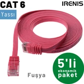 5 adet IRENIS CAT6 Kablo Yassı Ethernet Network Lan Ağ Kablosu  5 Metre Fuşya - 1