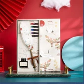 Tüy Divit Kalem Mürekkep 7 li Pirinç Set Cren Kuşu Desenli - 4