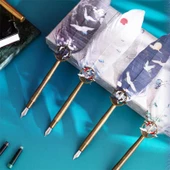 Tüy Divit Kalem Mürekkep 7 li Pirinç Set Cren Kuşu Desenli - 11