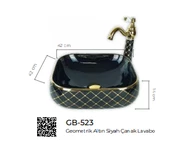 Pure Geometrik Siyah Gold Tezgah Üstü Çanak Lavabo Gb-523 - 2