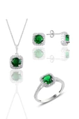 Gümüş rodyumlu kök zümrüt taşlı kare üçlü set SGTL10762ZUMRUT thumbnail 1