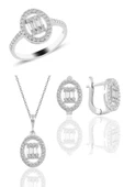 Gümüş rodyumlu oval gümüş düz baget taşlı üçlü set SGTL10735RODAJ - 1
