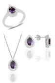 Gümüş rodyumlu ametis taşlı damla modeli üçlü set SGTL11003MOR - 1