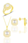 Gümüş altın yaldızlı özel tasarım baget kesim zirkon taşlı üçlü set SGTL11563GOLD thumbnail 2