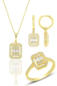 Gümüş altın yaldızlı baget taşlı çizgili üçlü set SGTL11565GOLD thumbnail 1