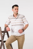 BİCAN ÇİZGİLİ KATLAMALI KOL YAKA DÜĞMELİ SLİMFİT ERKEK GÖMLEK thumbnail 3