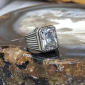 Kare Zirkon Beyaz Taşlı 925 Gümüş Erkek Yüzük thumbnail 9