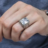 Kare Zirkon Beyaz Taşlı 925 Gümüş Erkek Yüzük thumbnail 3