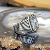 Kare Zirkon Beyaz Taşlı 925 Gümüş Erkek Yüzük thumbnail 10