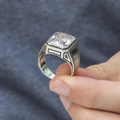 Kare Zirkon Beyaz Taşlı 925 Gümüş Erkek Yüzük thumbnail 5