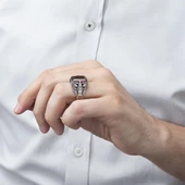 Kartal Motifli Kare Kırmızı Taşlı 925 Gümüş Erkek Yüzük thumbnail 5