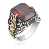 Kartal Motifli Kare Kırmızı Taşlı 925 Gümüş Erkek Yüzük thumbnail 4