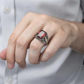 Kartal Motifli Kare Kırmızı Taşlı 925 Gümüş Erkek Yüzük thumbnail 8