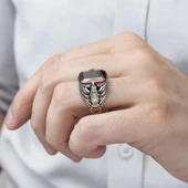 Kartal Motifli Kare Kırmızı Taşlı 925 Gümüş Erkek Yüzük thumbnail 7