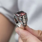 Kartal Motifli Kare Kırmızı Taşlı 925 Gümüş Erkek Yüzük thumbnail 10