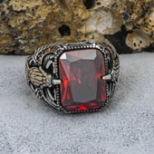 Kartal Motifli Kare Kırmızı Taşlı 925 Gümüş Erkek Yüzük thumbnail 2