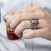 Kartal Motifli Kare Kırmızı Taşlı 925 Gümüş Erkek Yüzük thumbnail 9