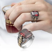 Kartal Motifli Kare Kırmızı Taşlı 925 Gümüş Erkek Yüzük thumbnail 1