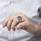 Kartal Motifli Kare Kırmızı Taşlı 925 Gümüş Erkek Yüzük thumbnail 6