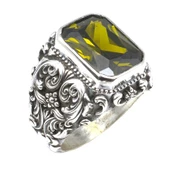 925 Ayar Gümüş Dikdörtgen Peridot Taşlı Kalemli Erkek Yüzüğü - 2