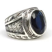 925 Ayar Gümüş Oval Safir Taşlı Kalemli Erkek Yüzüğü thumbnail 1