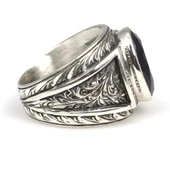 925 Ayar Gümüş Oval Safir Taşlı Kalemli Erkek Yüzüğü thumbnail 3