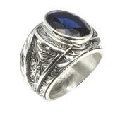 925 Ayar Gümüş Oval Safir Taşlı Kalemli Erkek Yüzüğü thumbnail 2