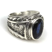 925 Ayar Gümüş Oval Safir Taşlı Kalemli Erkek Yüzüğü thumbnail 5