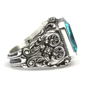 925 Ayar Gümüş Dikdörtgen Akuamarin Taşlı Erkek Yüzüğü - 4