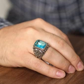 925 Ayar Gümüş Dikdörtgen Akuamarin Taşlı Erkek Yüzüğü - 1