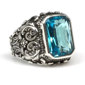 925 Ayar Gümüş Dikdörtgen Akuamarin Taşlı Erkek Yüzüğü - 3