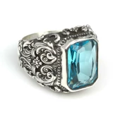925 Ayar Gümüş Dikdörtgen Akuamarin Taşlı Erkek Yüzüğü - 6