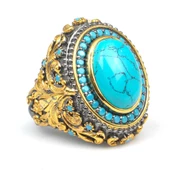 925 Ayar Gümüş Turkuaz Taşlı El Kalemli Altın Kaplama Erkek Yüzük - 1