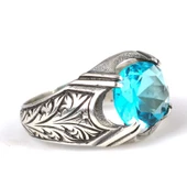 925 Ayar Gümüş Oval Akuamarin Taşlı Erkek Yüzük - 2