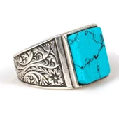 925 Ayar Gümüş Firuze Dikdörtgen Taşlı Erkek Yüzük - 2