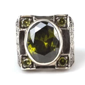 925 Ayar Gümüş Oval Peridot Taşlı Elişi Kalem İşlemeli Erkek Yüzük - 4