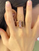 925 Gümüş Baget Pembe Kuvars Taş Özel Model El Üretimi Yüzük thumbnail 4