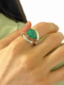 925 Gümüş Doğal Zümrüt Taş Otantik El Üretimi Yüzük - 1