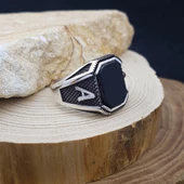 Siyah Oniks Taşlı Harfli Gümüş Erkek Yüzük - 5