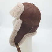 Pilot Model İçi Kürklü Kahve Renk Deri Şapka - 3