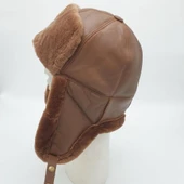 Pilot Model İçi Kürklü Camel Renk Deri Şapka - 7
