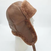 Pilot Model İçi Kürklü Camel Renk Deri Şapka - 4