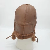 Pilot Model İçi Kürklü Camel Renk Deri Şapka - 6