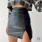 Hipatu Kadın Deri Yırtmaçlı Siyah Etek - 1