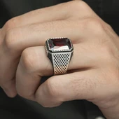 Kare Kırmızı Taşlı 925 Gümüş Erkek Yüzük thumbnail 5