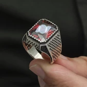 Kare Kırmızı Taşlı 925 Gümüş Erkek Yüzük thumbnail 8