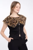 Modatalika Kadın Fermuarlı Geniş Yakalı Leopar Desenli Blüz thumbnail 5