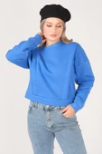 Kadın Sıfır Yaka Crop Sweatshirt Saks Mavi - 1